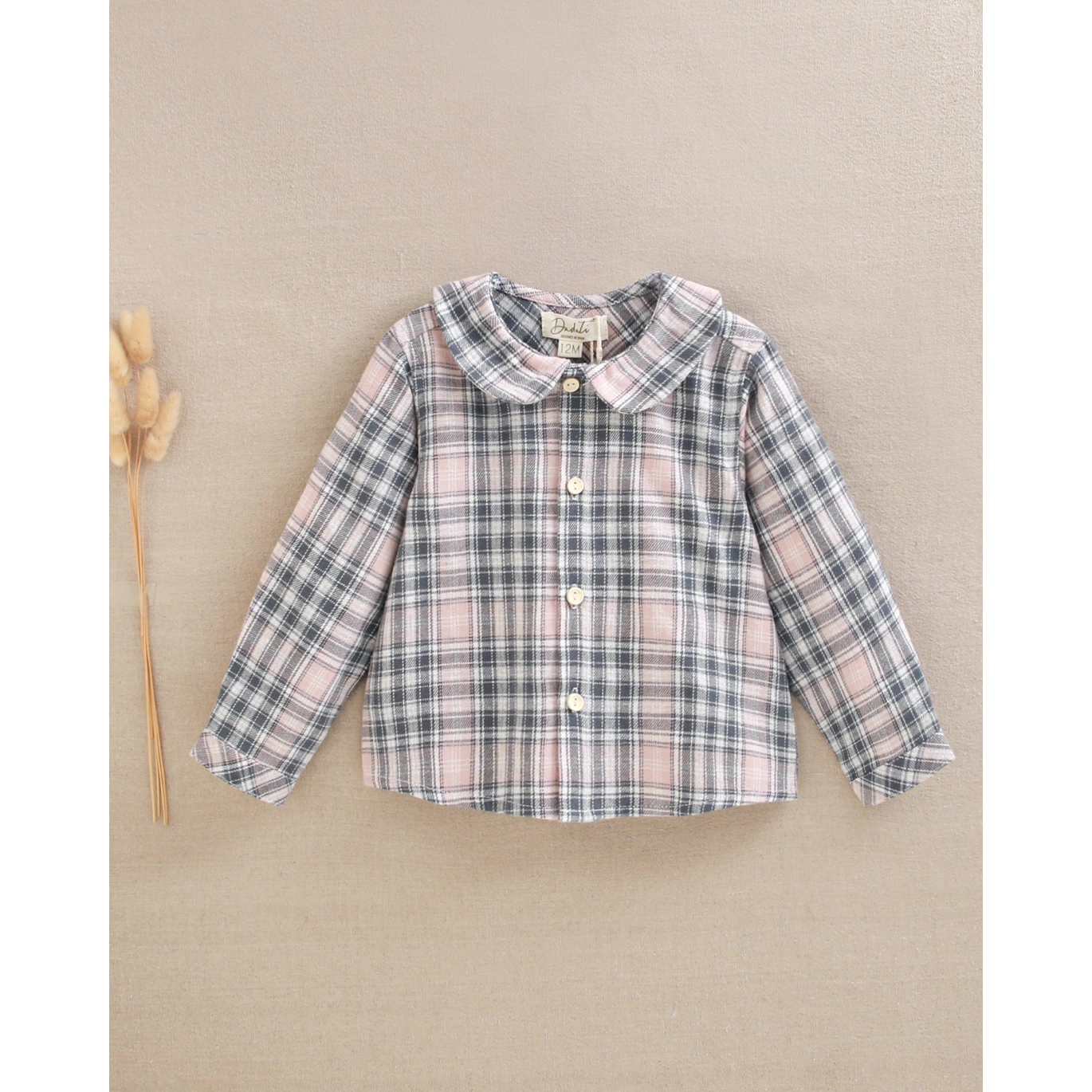 Camisa de bebé niño de cuadros rosa y gris | Dadati