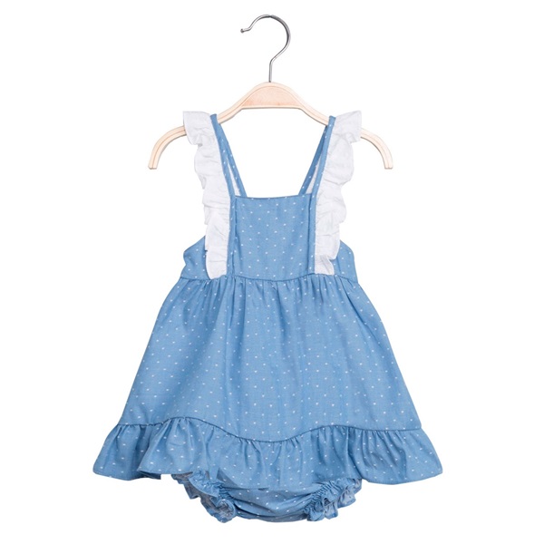 Imagen de Vestido de bebé niña en azul con topos y braguita