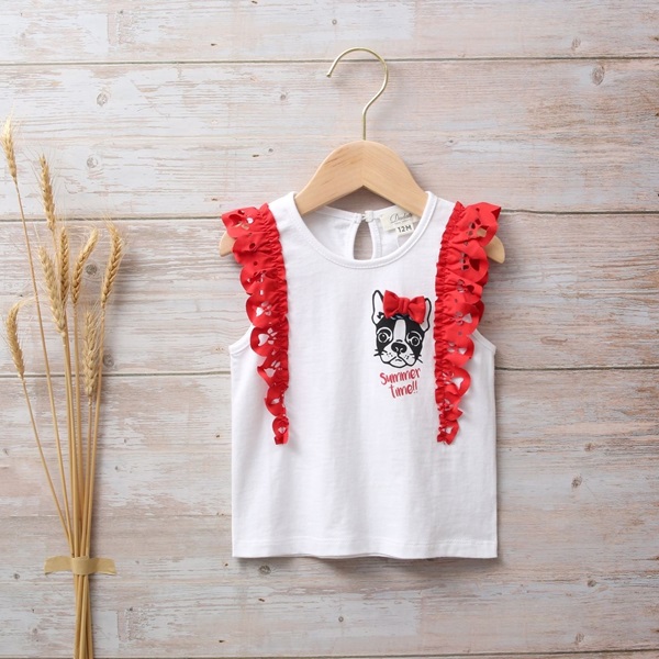 Imagen de Camiseta blanca de bebé niña con volantes rojos en hombros y estampado perrito