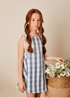 Imagen de Vestido niña de cuadros azul-blanco de con cortes laterales al contraste
