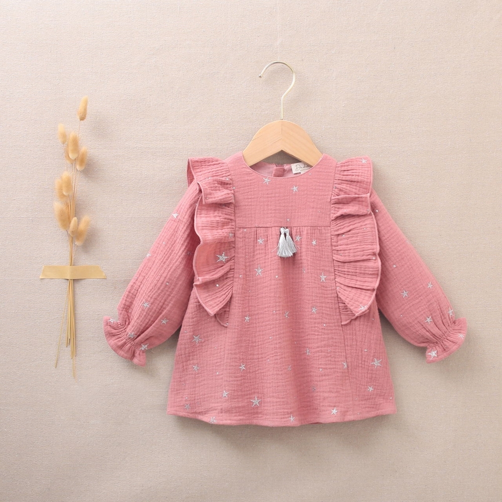 Imagen de Vestido de bebé niña rosa con estrellas plateadas 