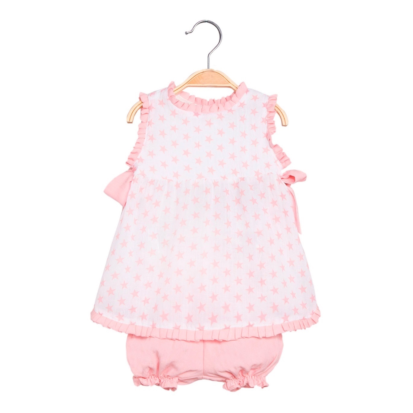 Imagen de Vestido de bebé niña con print de estrellas rosa y pololo