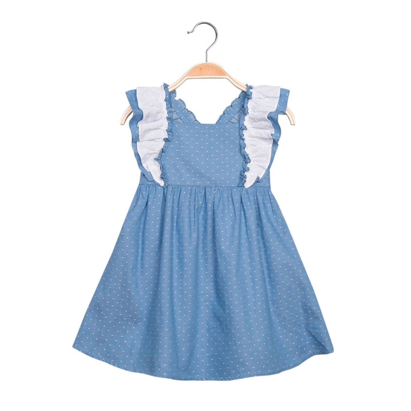 Imagen de Vestido de niña en azul con topos y volantes