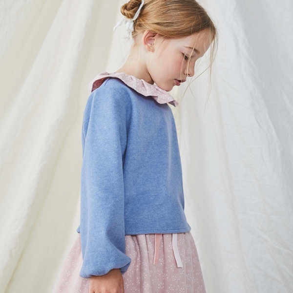 Imagen de Sudadera de niña combinada de tejido azul y rosa con estampado de ramitas en blanco y mangas con elástico