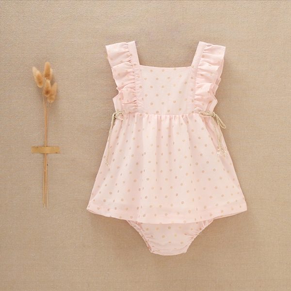 Imagen de Vestido de bebé niña rosa con lunares dorados