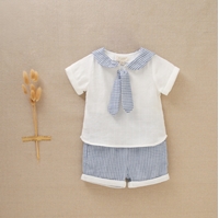 Imagen de Conjunto de bebé niño con camisa blanca y pantalón de cuadros vichy azules y blancos