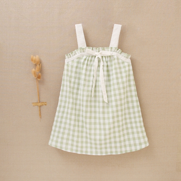 Imagen de Vestido de niña en cuadros vichy verdes y blancos