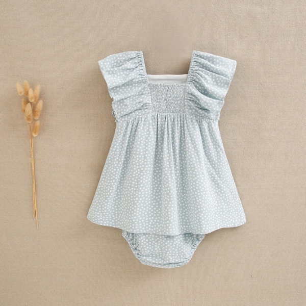 Imagen de Vestido de bebé niña con braguita en turquesa con lunares blancos
