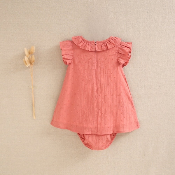Imagen de Vestido de bebé niña con braguita en plumeti coral