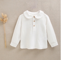 Imagen de Camisa de bebé niño con cuello de bebé en muselina de color blanco y botones madera