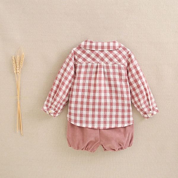 Imagen de Conjunto de bebé niño de camisa en cuadros vichy rosa y blanco y pololo liso