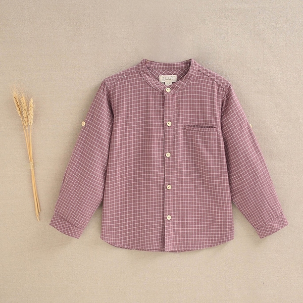 Imagen de Camisa de niño en cuadros bicolor malva talpa y blanco con cuello mao