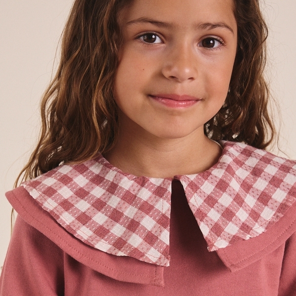 Imagen de Vestido de felpa rosa con manga larga de niña combinado con cuadros vichy