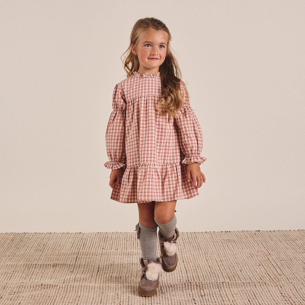 Imagen de Vestido de niña de cuadros bicolor caldera y blanco con manga larga abullonada