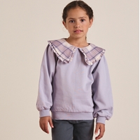 Imagen de Sudadera de niña morada con cuello Peter Pan en cuadros