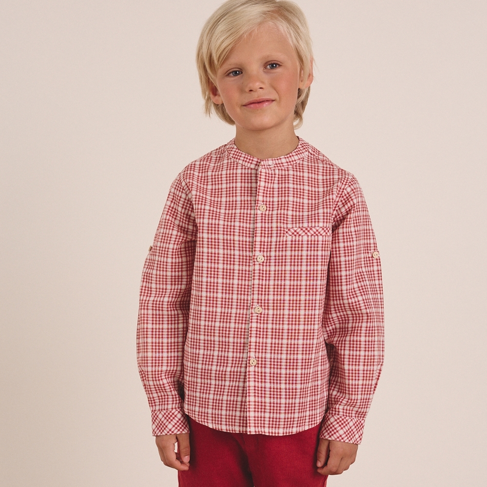 Imagen de Camisa de niño de cuadros bicolor rojo y blanco con bolsillo delantero