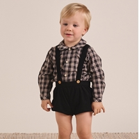 Imagen de Camisa de bebé niño de cuadros bicolor beige tostado y negro con cuello mao