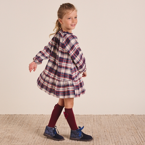 Imagen de Vestido de franela para niña en cuadros tartán azul, granate y blanco