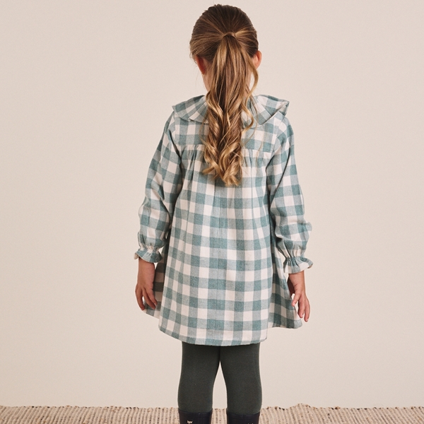 Imagen de Vestido de niña en cuadros vichy verde agua y blanco con cuello volante