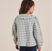 Imagen de Blusa manga larga de franela para niña en cuadros vichy verde agua y blanco con cuello Peter Pan