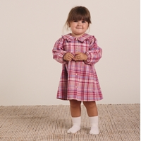 Imagen de Conjunto de bebé niña de vestido de franela de cuadros rosa y morado y calcetín granate con lazo