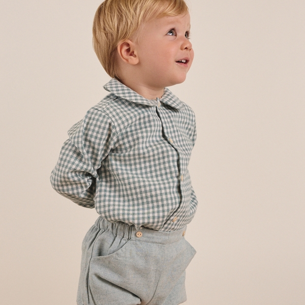 Imagen de Conjunto de bebé niño de camisa de cuadro vichy verde agua y blanco y pololo liso 