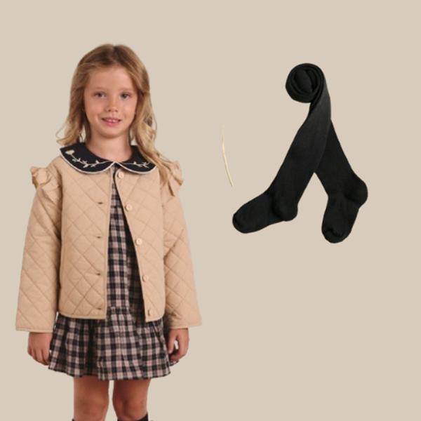 Imagen de Conjunto de niña de vestido de cuadro bicolor beige tostado y negro, chaqueta acolchada color camel y y leotardo negro liso