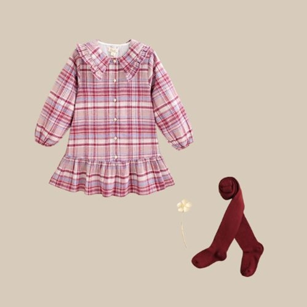 Imagen de Conjunto de niña de vestido de franela de cuadros rosa y morado y leotardo liso granate