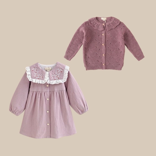 Imagen de Conjunto de niña de vestido rosa con cuello bordado y chaqueta de punto morada