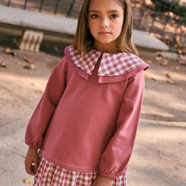 Imagen de Vestido de felpa rosa con manga larga de niña combinado con cuadros vichy