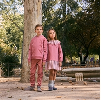 Imagen de Vestido de felpa rosa con manga larga de niña combinado con cuadros vichy